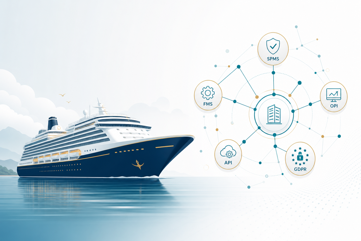 Cruise ship sailing on the ocean connected to enterprise IT systems — SPMS, FMS, OPI payments and API integrations
