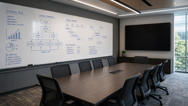 Empty conference room with whiteboard and presentation screen